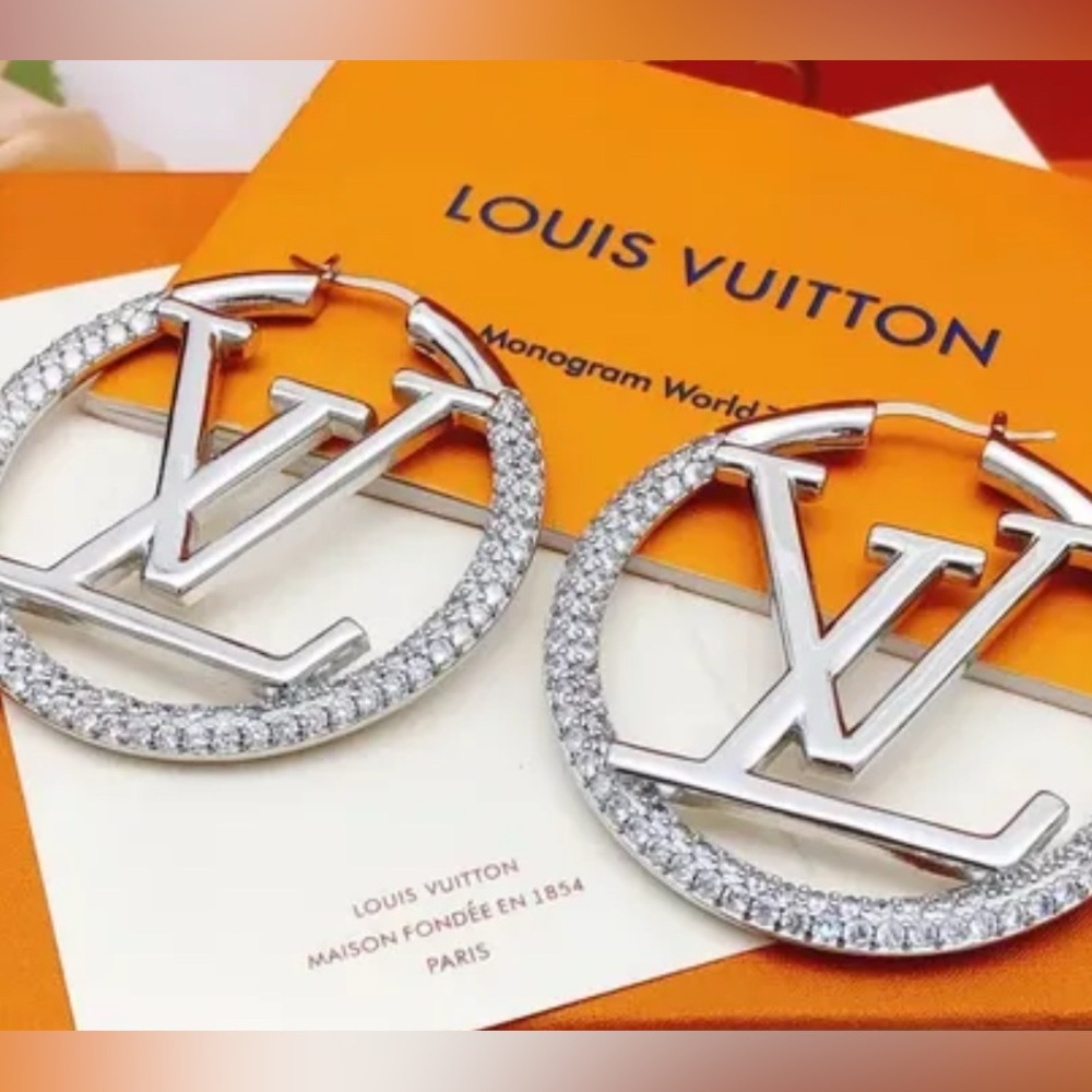 Silver Pave (5cm)Monogram LV Hoop Earrings